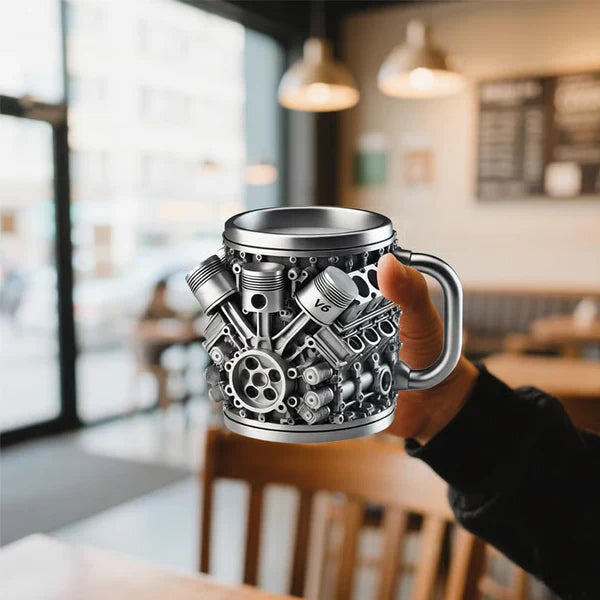 🔥🌟Engine-themed coffee mug, realistic V8 engine stainless steel mug