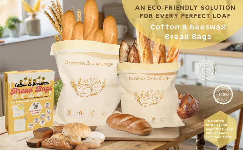 🍞Wide Zipper Access Cotton & Beeswax Bread Bags for Sourdough✨