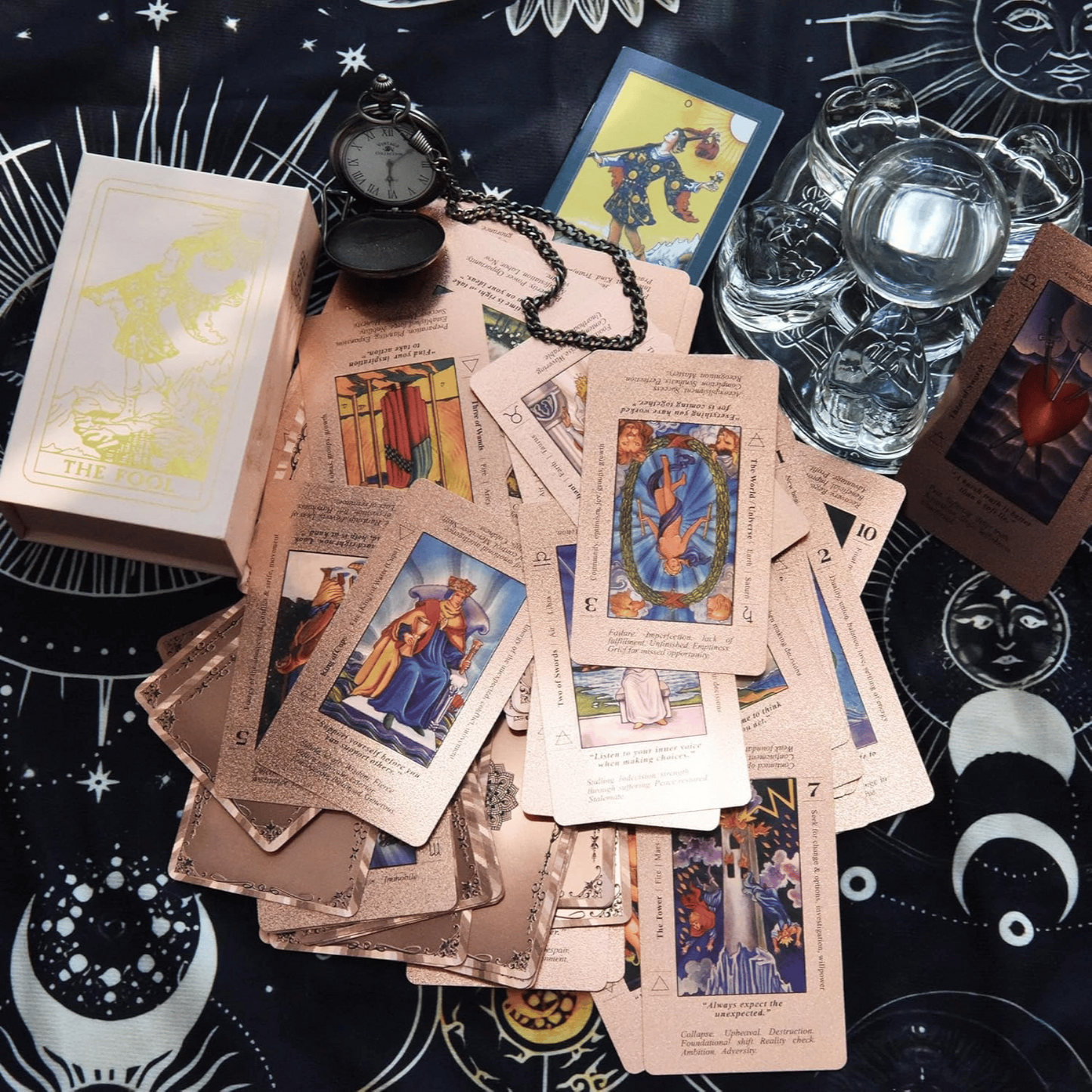 Witchy Cauldron Rose Gold Tarot Cards with Guide Book Includes Chakras Planets Zodiac Signs Elements & Affirmations