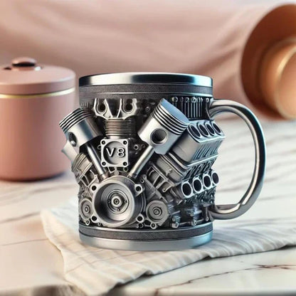 🔥🌟Engine-themed coffee mug, realistic V8 engine stainless steel mug