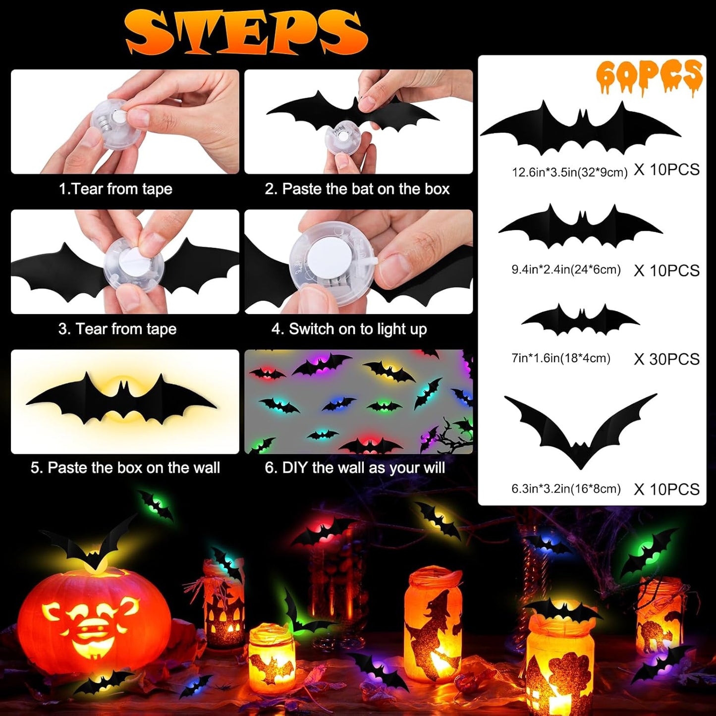 🎁3D Bat Design LED Decoration（1 Set 12 Pcs）