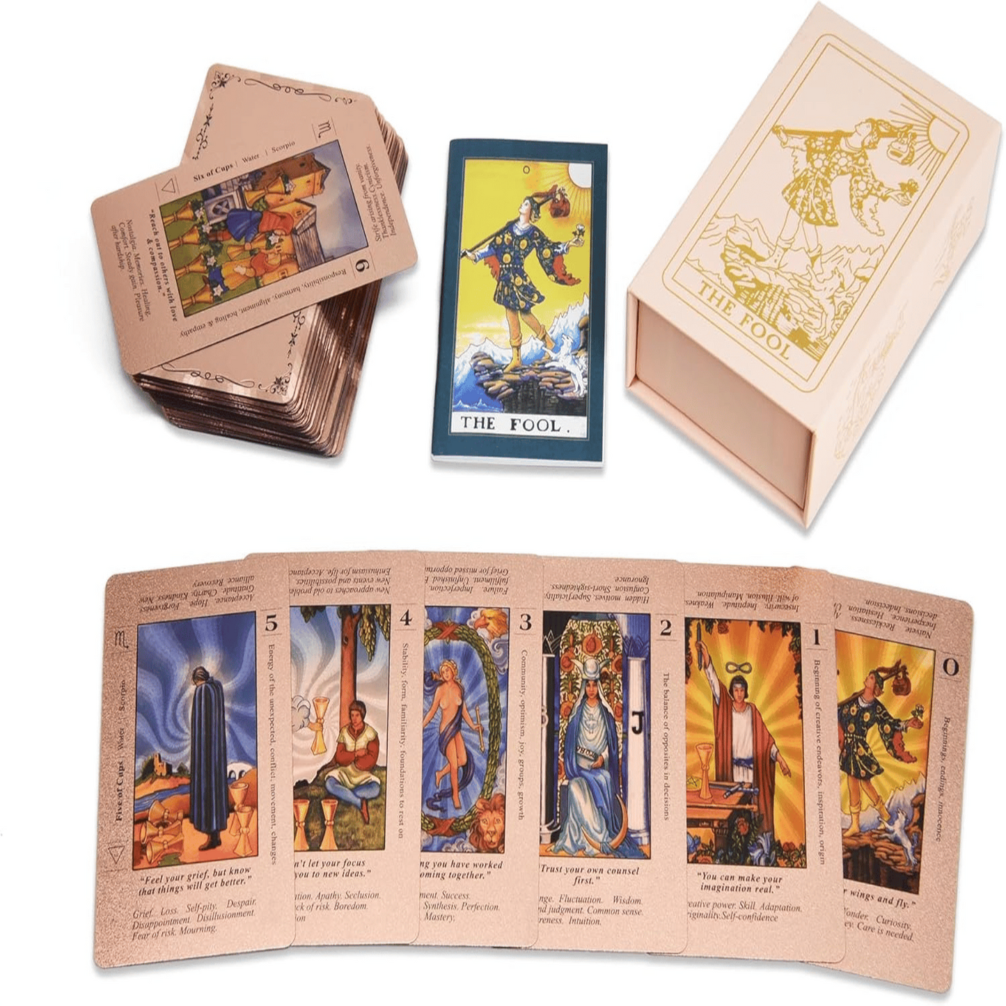 Witchy Cauldron Rose Gold Tarot Cards with Guide Book Includes Chakras Planets Zodiac Signs Elements & Affirmations