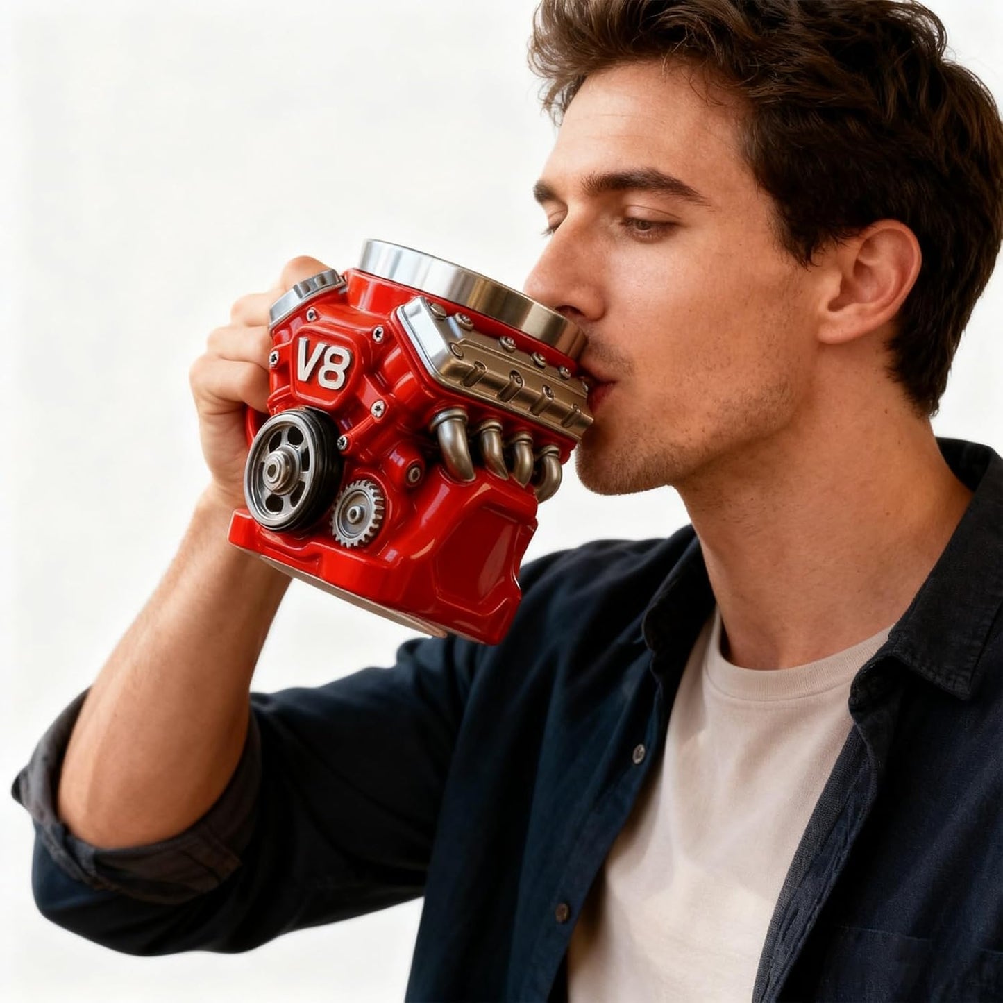 🔥🌟Engine-themed coffee mug, realistic V8 engine stainless steel mug