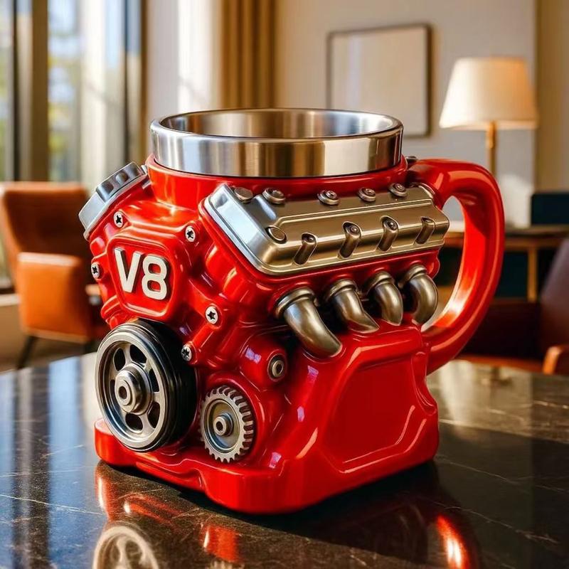 🔥🌟Engine-themed coffee mug, realistic V8 engine stainless steel mug