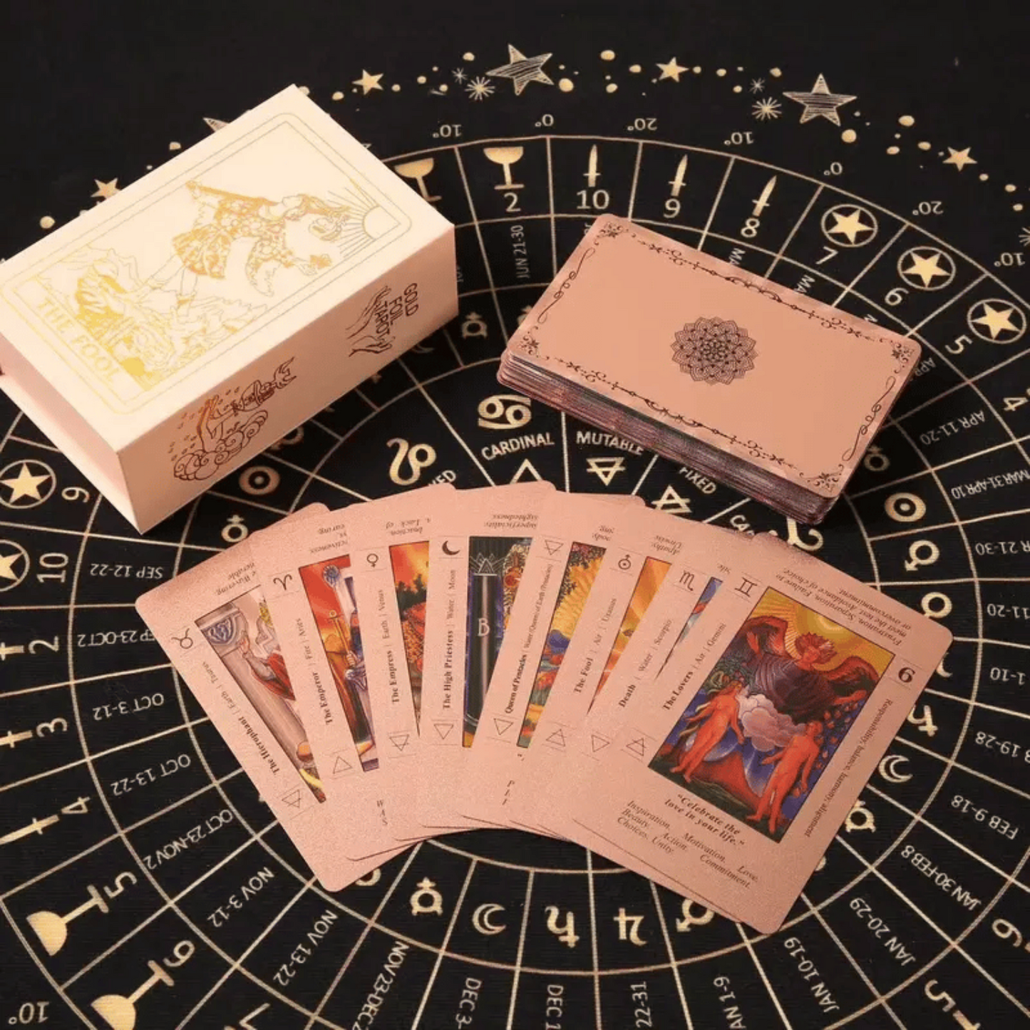 Witchy Cauldron Rose Gold Tarot Cards with Guide Book Includes Chakras Planets Zodiac Signs Elements & Affirmations