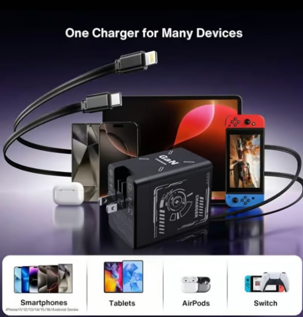 2-in-1 GaN Tiktrove 3.0  Charger with Retractable Cables
